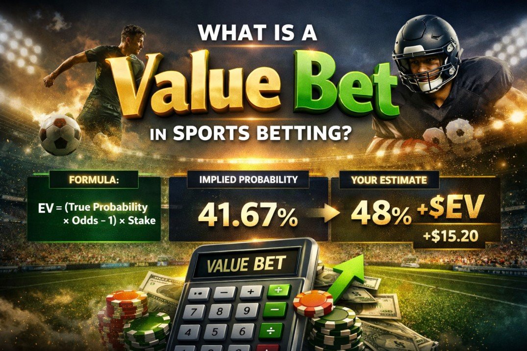 Value bet in sports betting example showing expected value formula, implied probability 41.67% and true probability 48% with positive EV