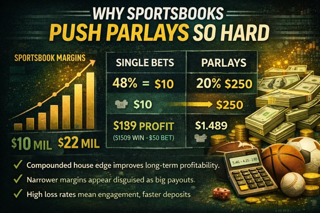 Infographic explaining why sportsbooks promote parlays, showing compounded margin, higher house edge, and Same Game Parlay pricing comparison