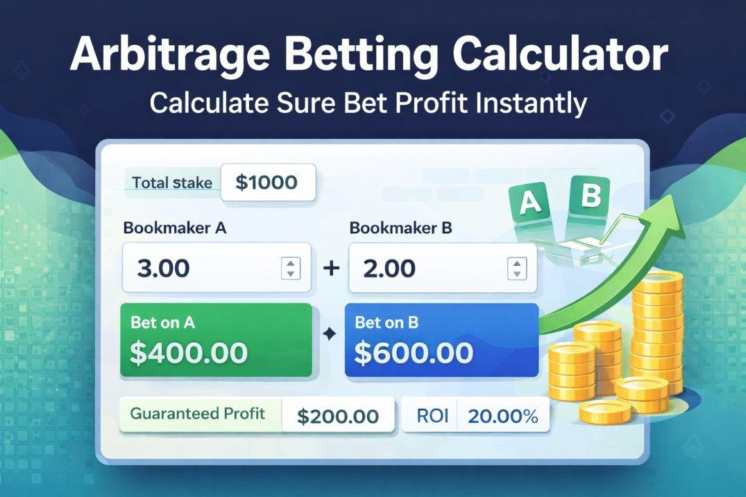 Arbitrage Betting Calculator 1 Arbitrage betting calculator showing stake split between two bookmakers with guaranteed profit and ROI calculation.