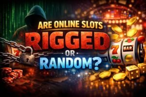 showing “Are Online Slots Rigged or Random?” with slot machine, coins, chains, and casino background