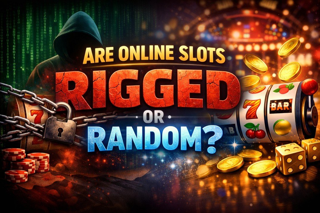 showing “Are Online Slots Rigged or Random?” with slot machine, coins, chains, and casino background