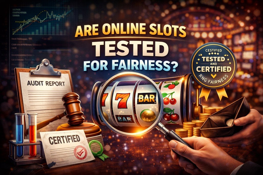 Illustration showing online slot tested for fairness with audit report, certification badge, magnifying glass on reels, and casino background
