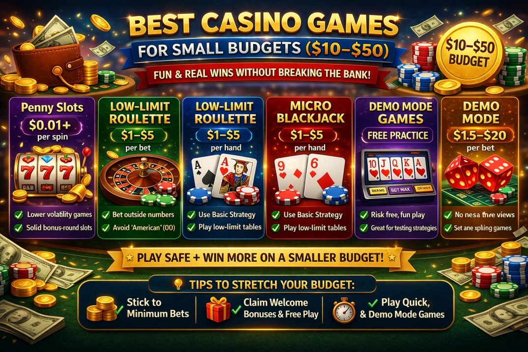 Best Casino Games for Beginners in 2026 (Ranked Safest to Riskiest) 4 Best casino games for small budgets 10 to 50 dollars including penny slots low limit roulette micro blackjack and demo mode games