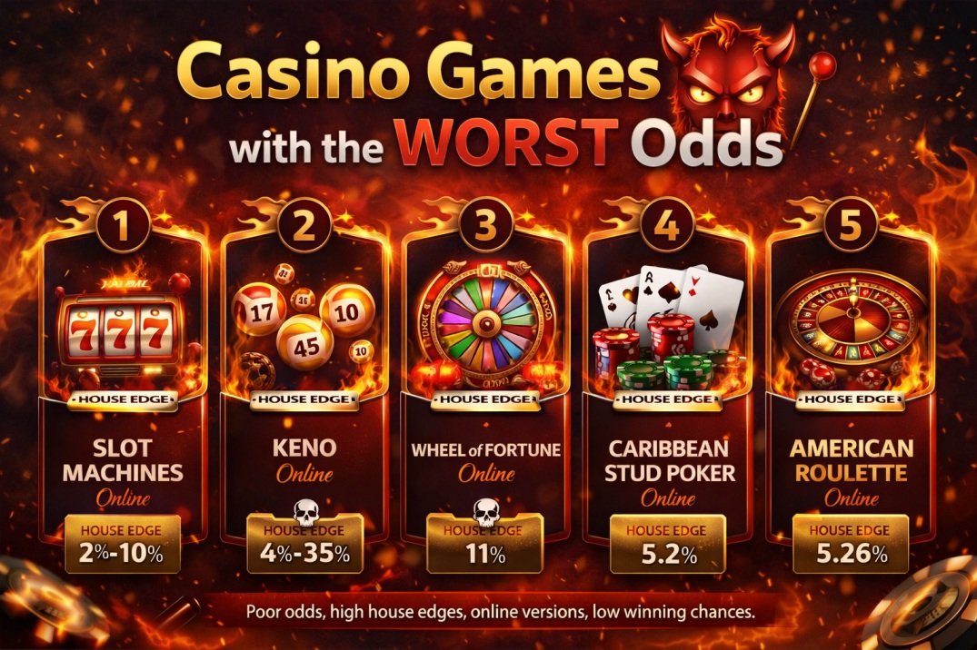 Casino games with the worst odds ranked by highest house edge for online players