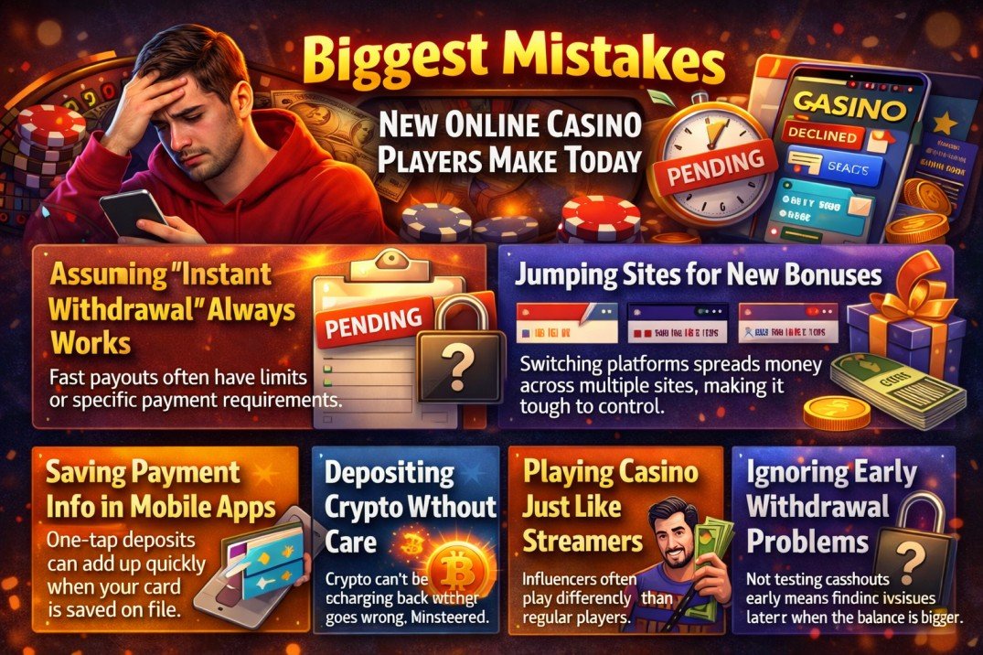 Biggest Mistakes New Online Casino Players Make (Most Learn Too Late) 2 Infographic of common mistakes new online casino players make including withdrawal issues and bonus traps