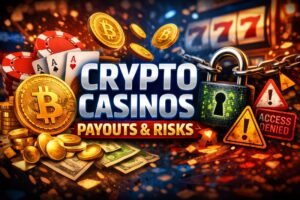 Crypto casino payouts and No-KYC risks concept showing Bitcoin, casino chips, and warning symbol