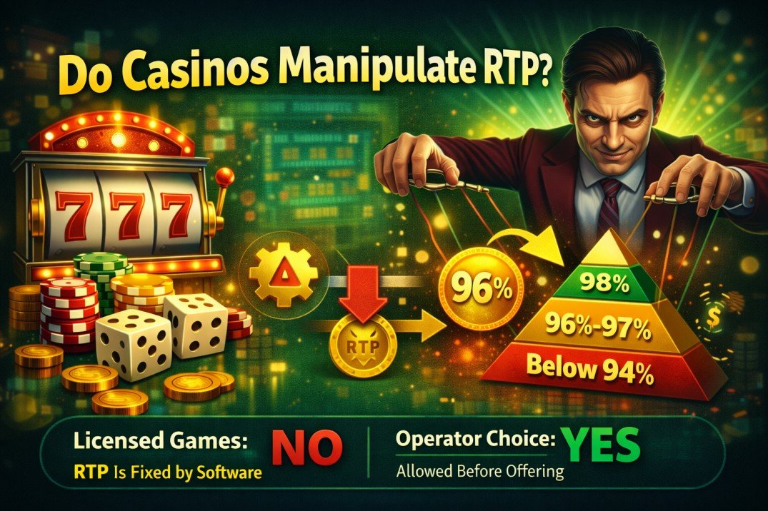 What Is RTP in Slots? Meaning, Good RTP, How It Works & What Players Should Know 3 Do casinos manipulate RTP in slots — illustration showing fixed RTP in licensed games and operator choice of RTP versions
