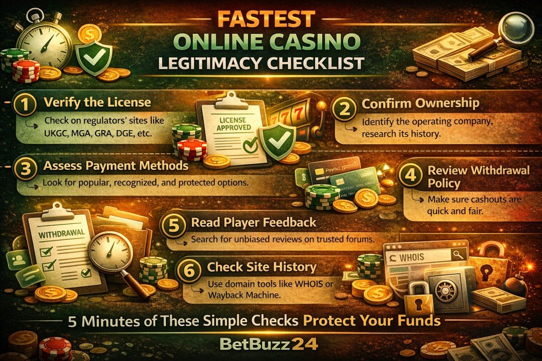 How to Know if an Online Casino Is Legit (2026 Safety Guide) 2 Fastest online casino legitimacy checklist infographic showing steps to verify if a gambling site is safe before depositing