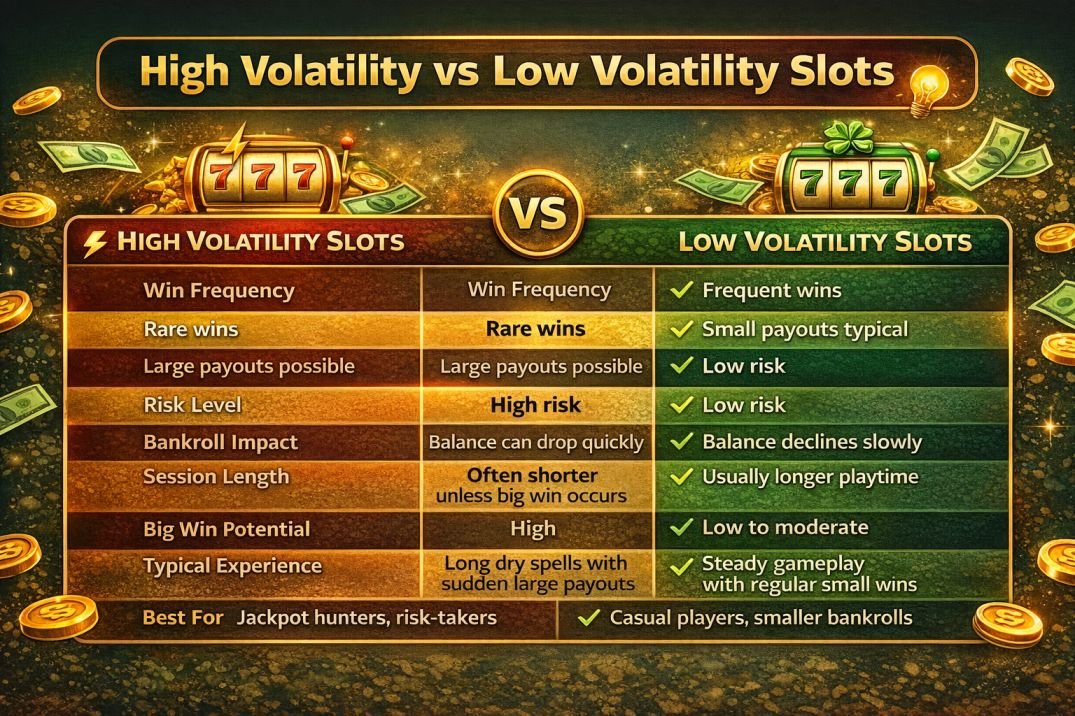 Slot Volatility Explained: High vs Low Volatility, Examples & Which to Play 3 High vs low volatility slots comparison chart showing differences in win frequency risk session length and payout style