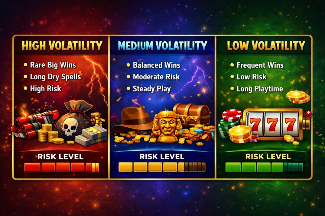 Slot Volatility Explained: High vs Low Volatility, Examples & Which to Play 6 High medium and low slot volatility comparison infographic showing risk levels win frequency and payout size differences