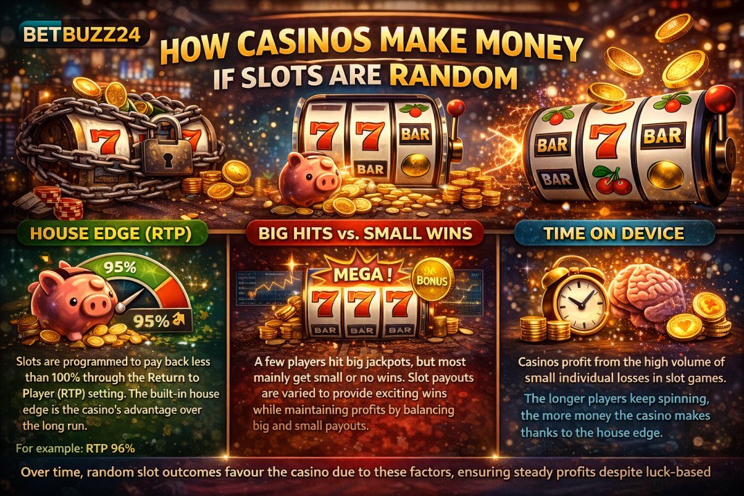 Infographic explaining how casinos profit from random slots using house edge, RTP, volatility, and player behaviour