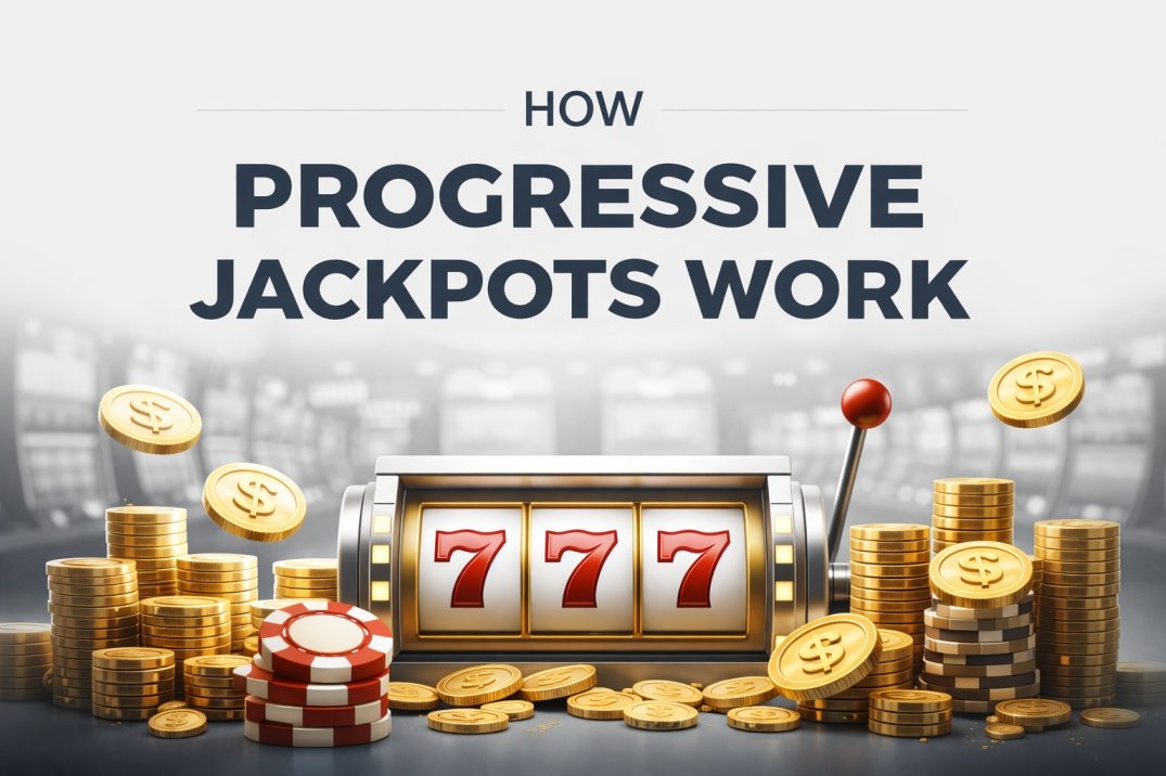 How progressive jackpots work illustrated with slot machine and growing prize pool