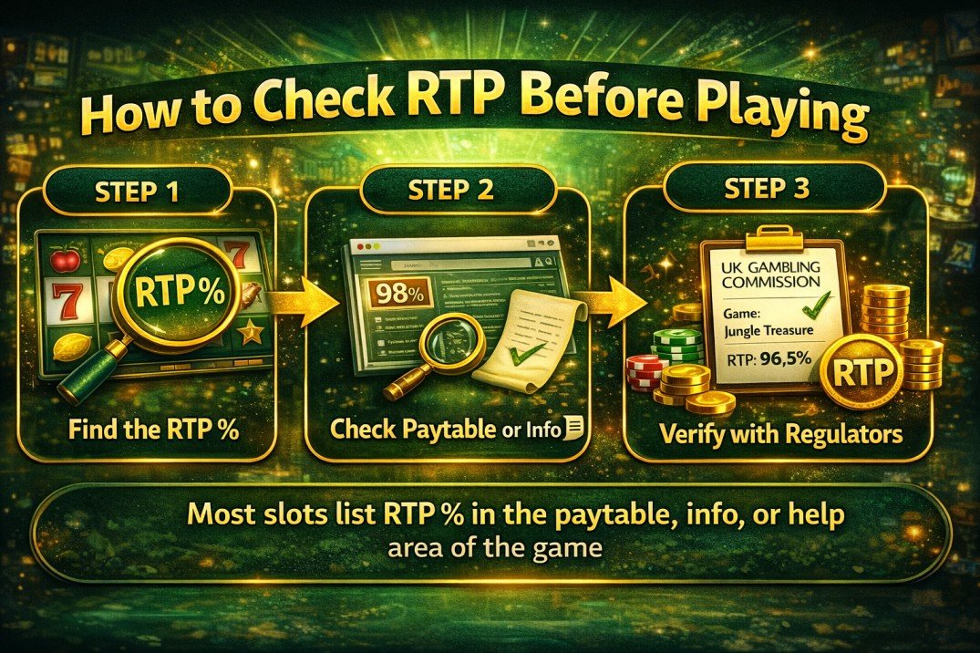 What Is RTP in Slots? Meaning, Good RTP, How It Works & What Players Should Know 4 How to check RTP before playing slots — infographic showing game info, paytable, provider site, and verification steps