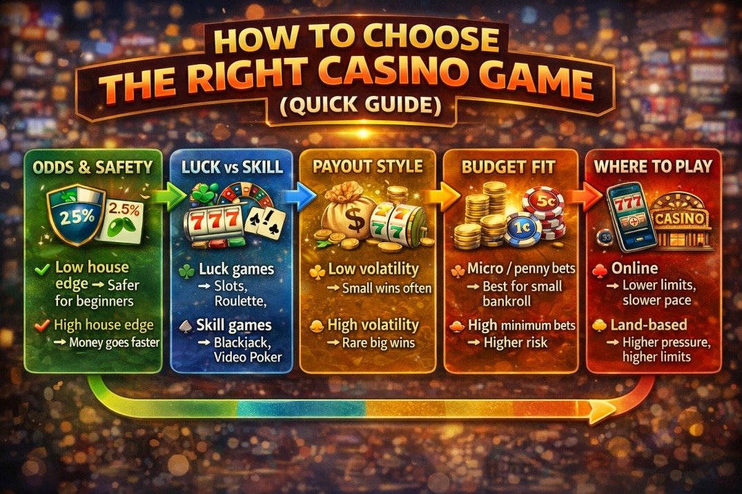 Best Casino Games for Beginners in 2026 (Ranked Safest to Riskiest) 2 How beginners choose the right casino game based on house edge skill volatility budget and online vs land based play