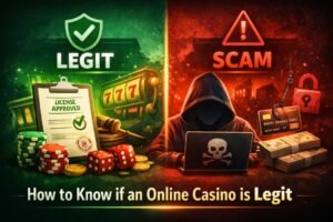 comparing a legitimate online casino and a scam gambling website with warning signs