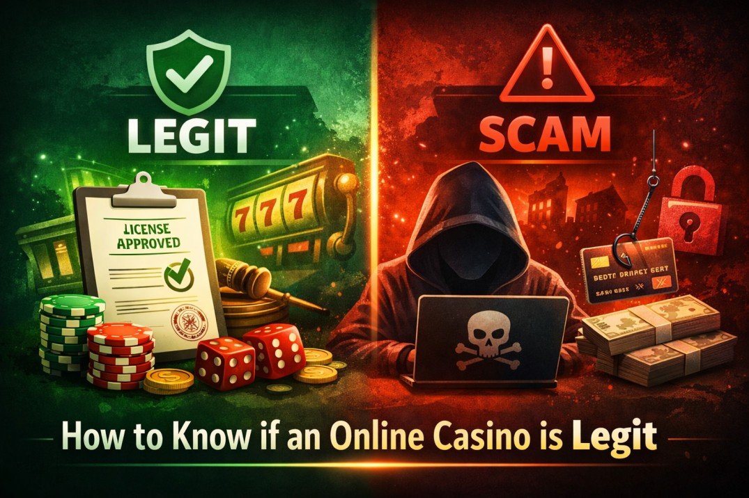 How to Know if an Online Casino Is Legit (2026 Safety Guide) 1 comparing a legitimate online casino and a scam gambling website with warning signs