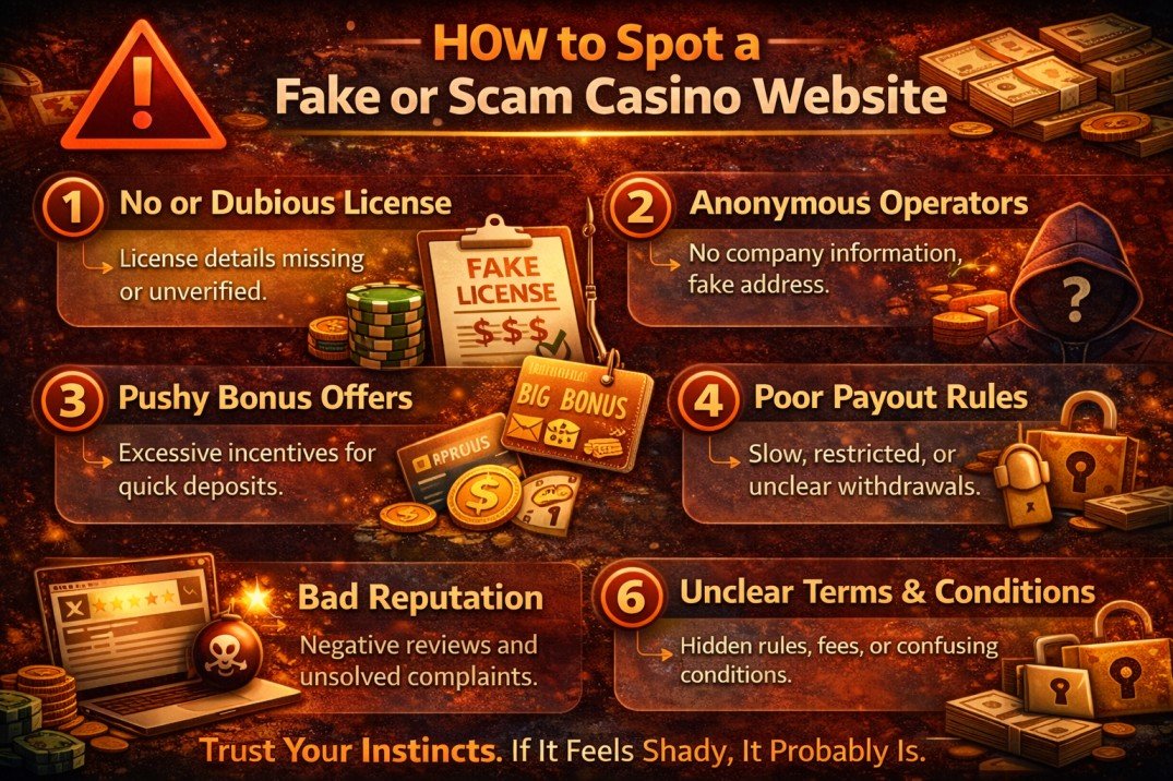 How to Know if an Online Casino Is Legit (2026 Safety Guide) 3 Infographic showing warning signs of a fake or scam online casino website including fake license, hidden ownership, and payout issues