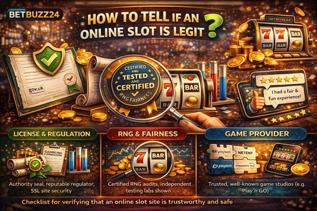 Infographic showing how to verify a legit online slot using licensing, RNG fairness, and trusted game providers
