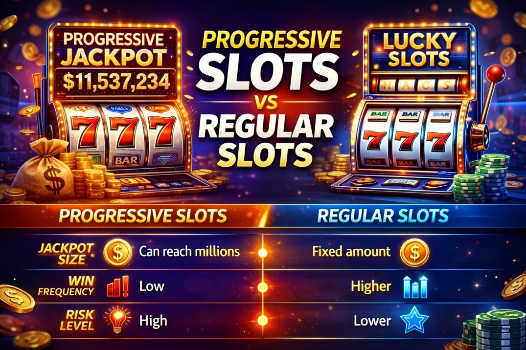 Progressive slots vs regular slots comparison infographic showing jackpot size, risk, and win frequency