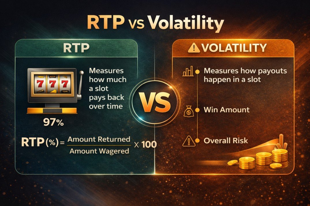 Slot Volatility Explained: High vs Low Volatility, Examples & Which to Play 4 RTP vs volatility in slots comparison showing payout percentage versus win frequency risk and payout size