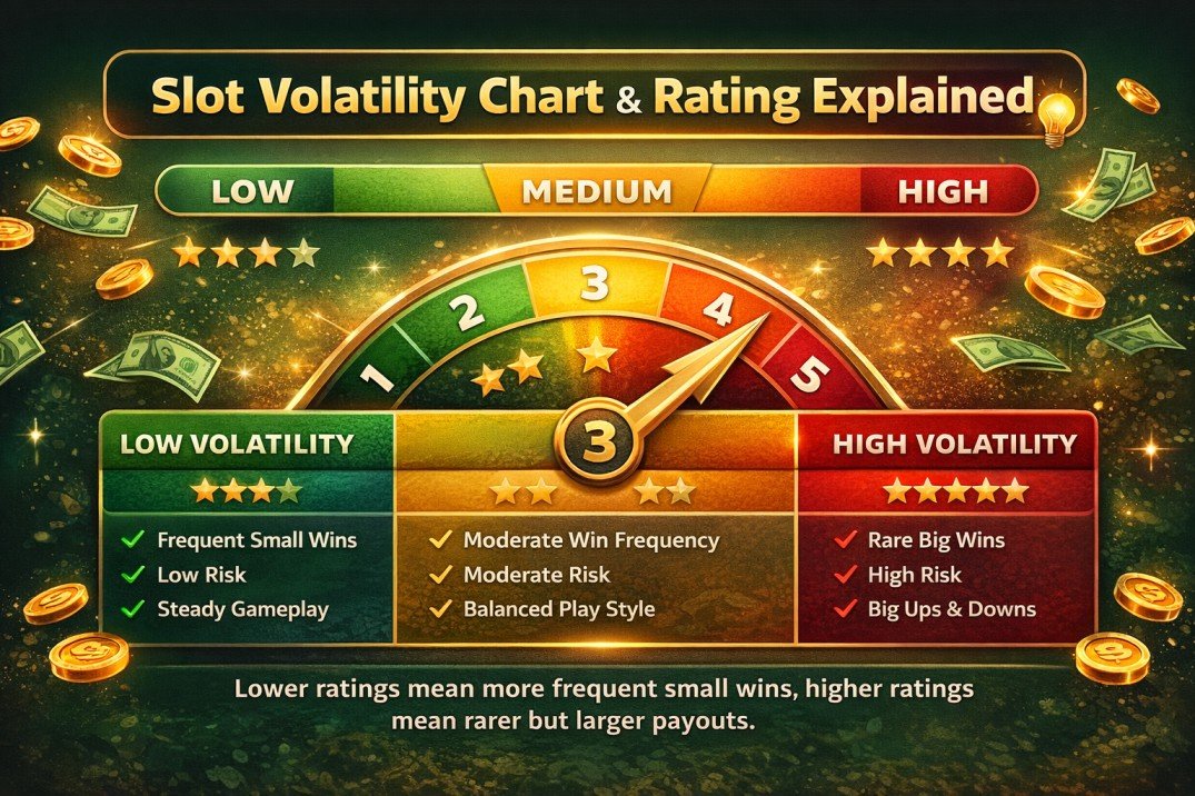 Slot Volatility Explained: High vs Low Volatility, Examples & Which to Play 2 Slot volatility chart and rating explained showing low medium high volatility scale with star ratings and risk levels