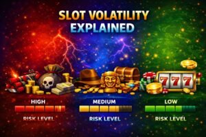 Slot volatility explained showing high medium and low volatility levels with risk indicators and payout styles