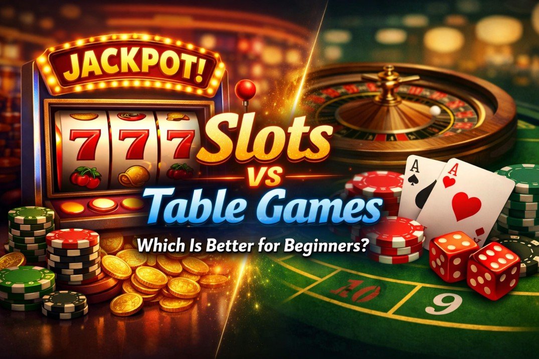Comparison of slot machine and casino table games including roulette, cards, chips, and dice