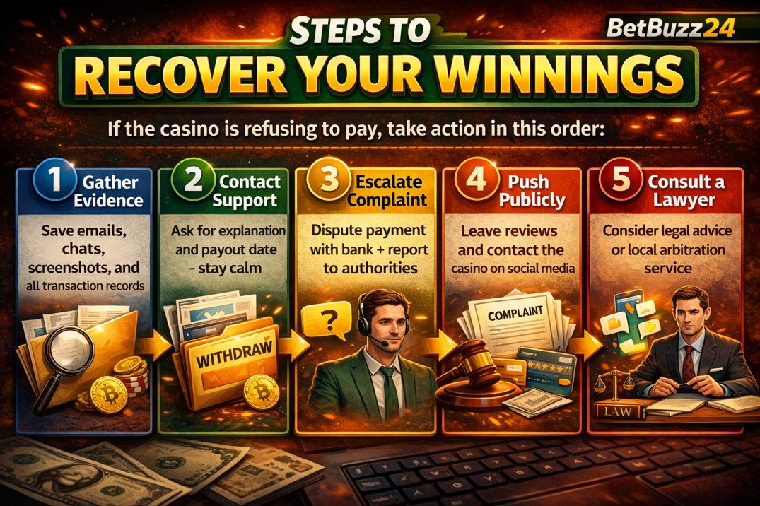 What to Do If an Online Casino Refuses to Pay Winnings 3 Infographic showing steps to recover winnings when an online casino refuses to pay