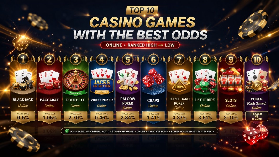 Top 10 casino games with the best odds ranked from highest to lowest for online play