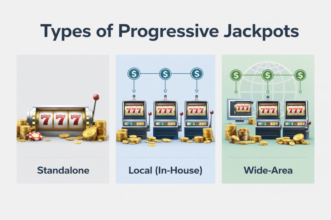 Types of progressive jackpots: standalone, local, and wide area slot jackpots explained