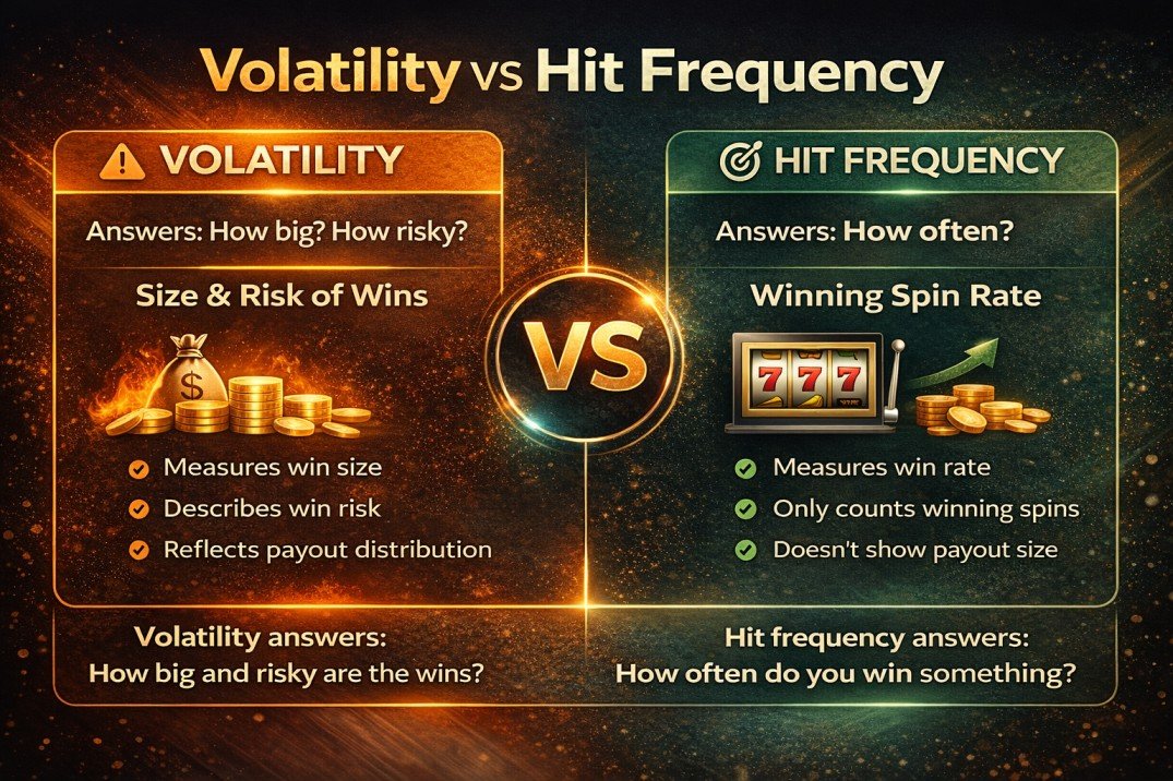 Slot Volatility Explained: High vs Low Volatility, Examples & Which to Play 5 Volatility vs hit frequency in slots comparison showing win size risk versus how often wins occur