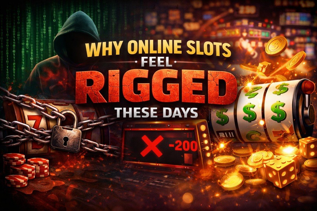 Illustration showing why online slots feel rigged, with chained slot machine, losses screen, coins, and casino background