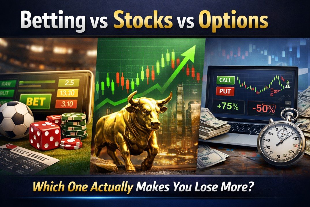 Is Online Betting Worse Than Stock Trading or Options? (Real Risk Explained) 1 Betting vs stocks vs options comparison showing risk levels and which one leads to more losses