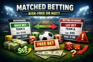 Matched betting explained with back bet and lay bet example showing how risk is reduced