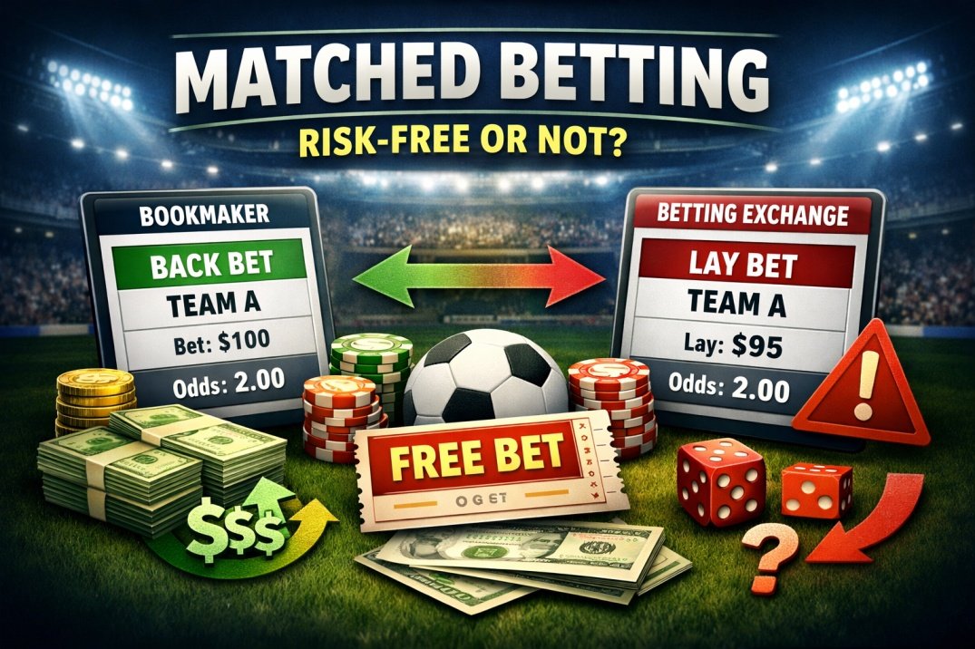 Matched betting explained with back bet and lay bet example showing how risk is reduced