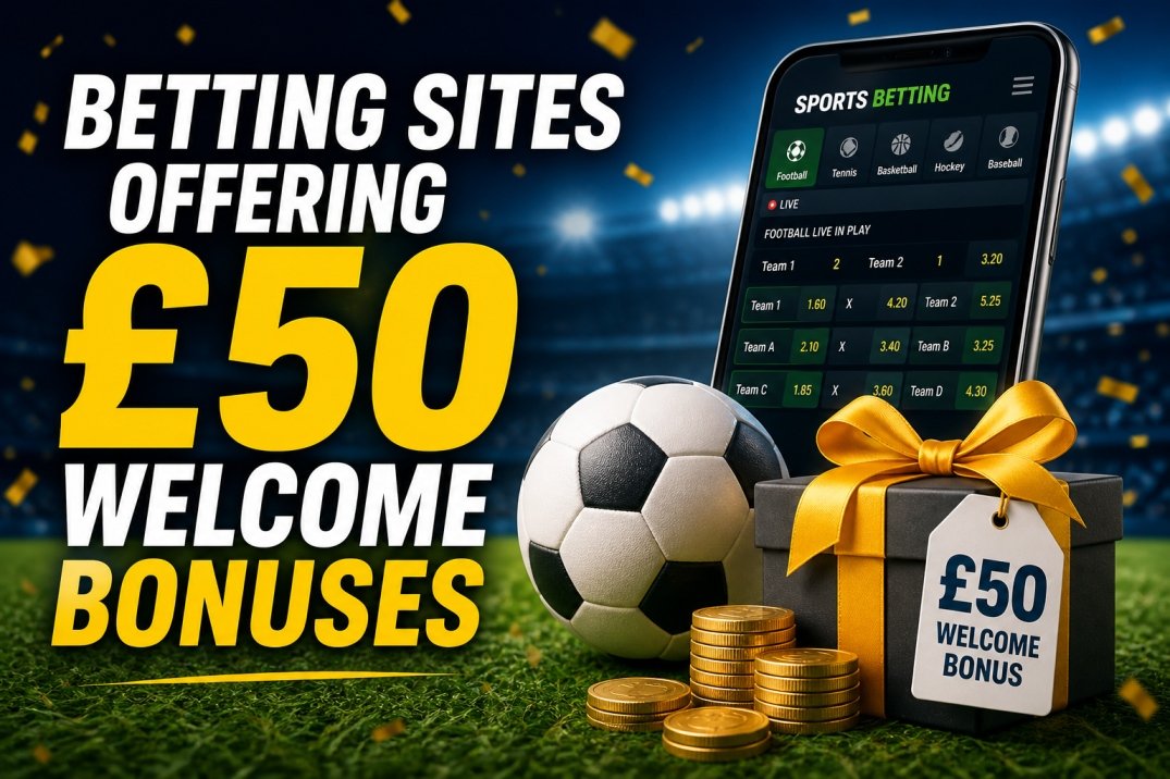 Betting sites offering £50 welcome bonus with sports betting app and football theme