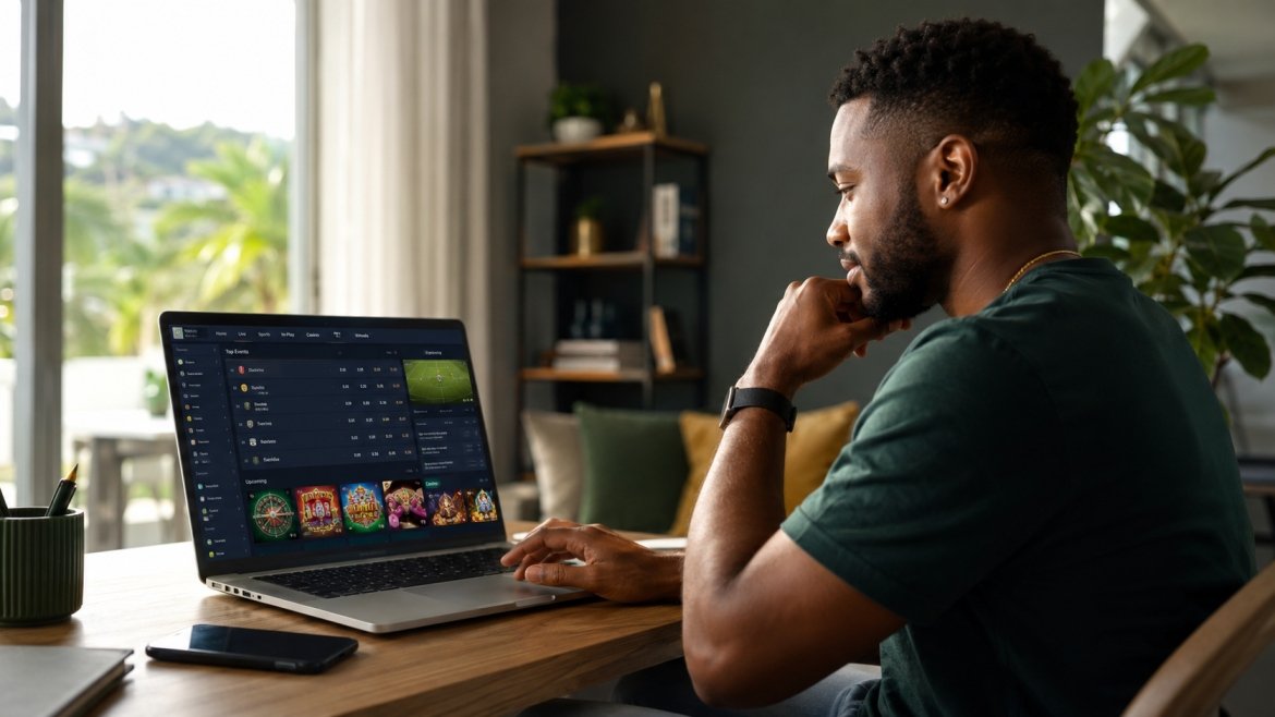 Adult using an online betting and casino platform on a laptop at home