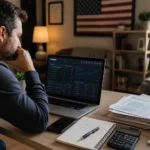 Man reviewing online gambling winnings, tax forms, and IRS reporting details on a laptop