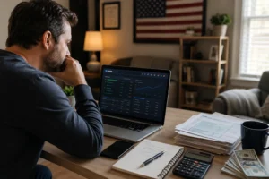 Man reviewing online gambling winnings, tax forms, and IRS reporting details on a laptop