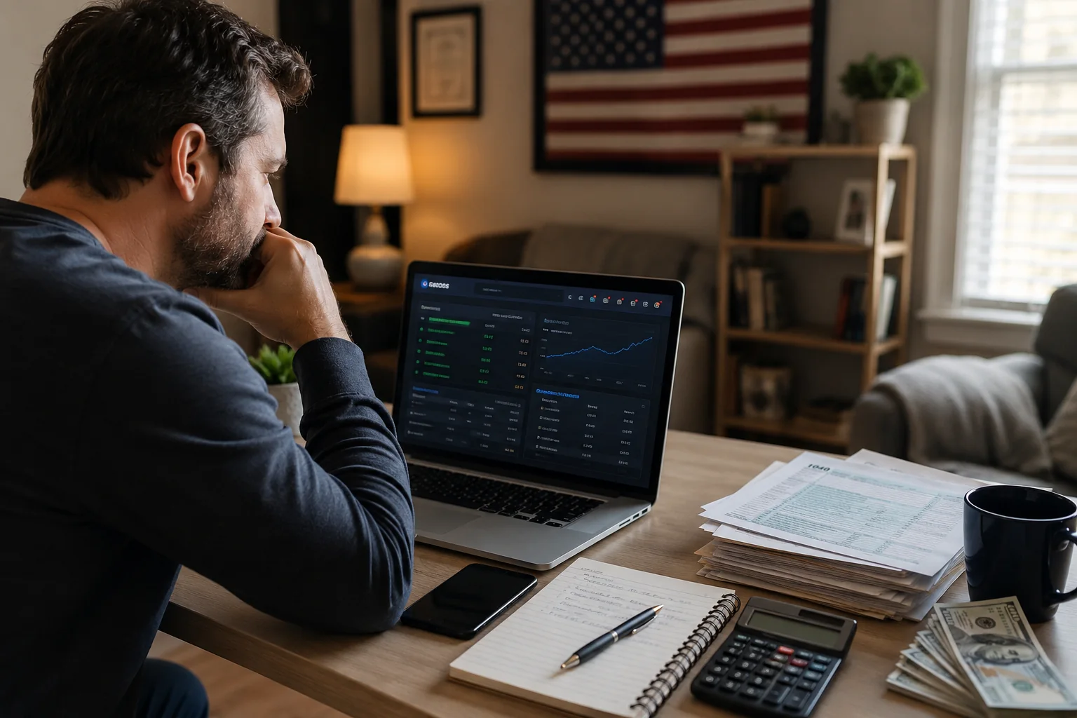 Man reviewing online gambling winnings, tax forms, and IRS reporting details on a laptop