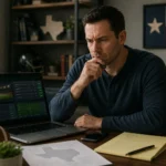 Man researching whether sports betting is legal in Texas on a laptop