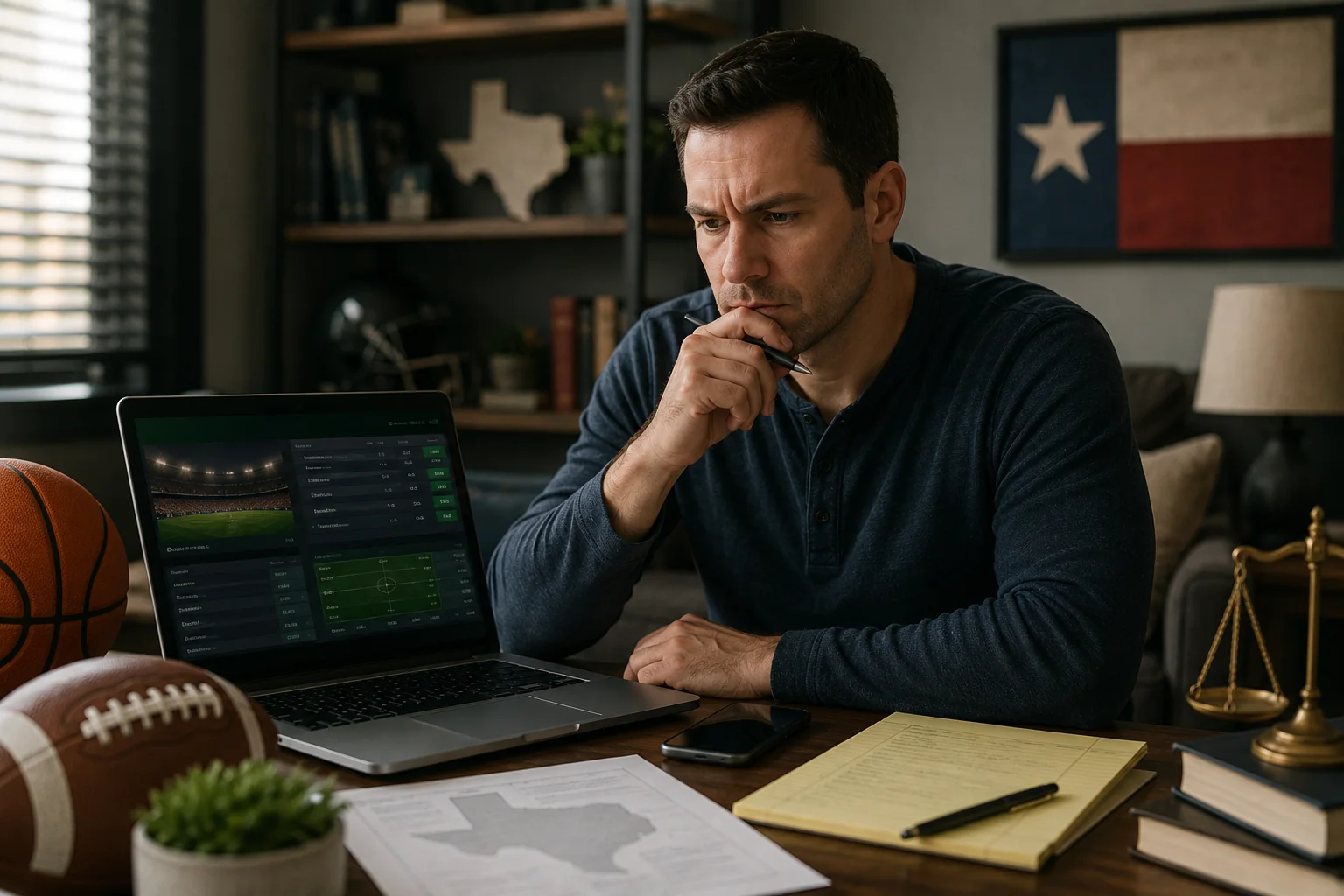 Man researching whether sports betting is legal in Texas on a laptop