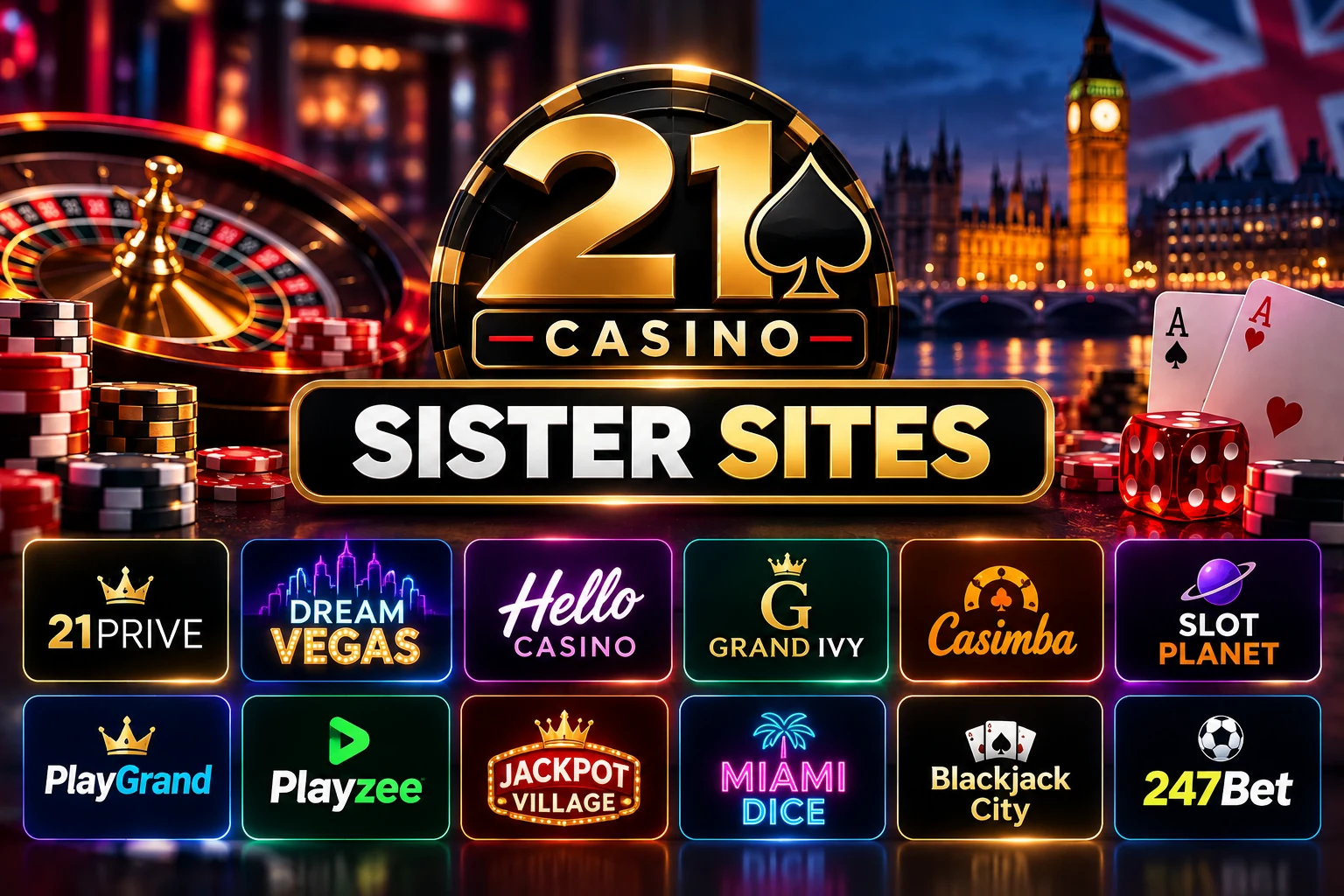 21 Casino sister sites including 21Prive, Dream Vegas, Hello Casino, Grand Ivy, Casimba and other White Hat Gaming brands