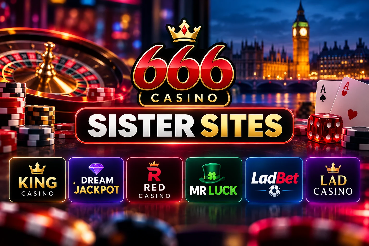 666 Casino sister sites including King Casino, Dream Jackpot, Red Casino, Mr Luck, LadBet and Lad Casino