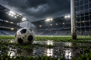 Football match abandoned in heavy rain at a flooded stadium