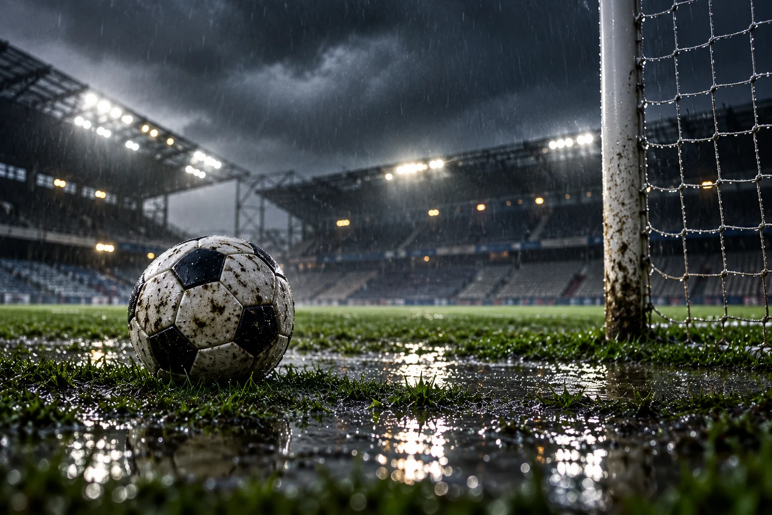 Football match abandoned in heavy rain at a flooded stadium