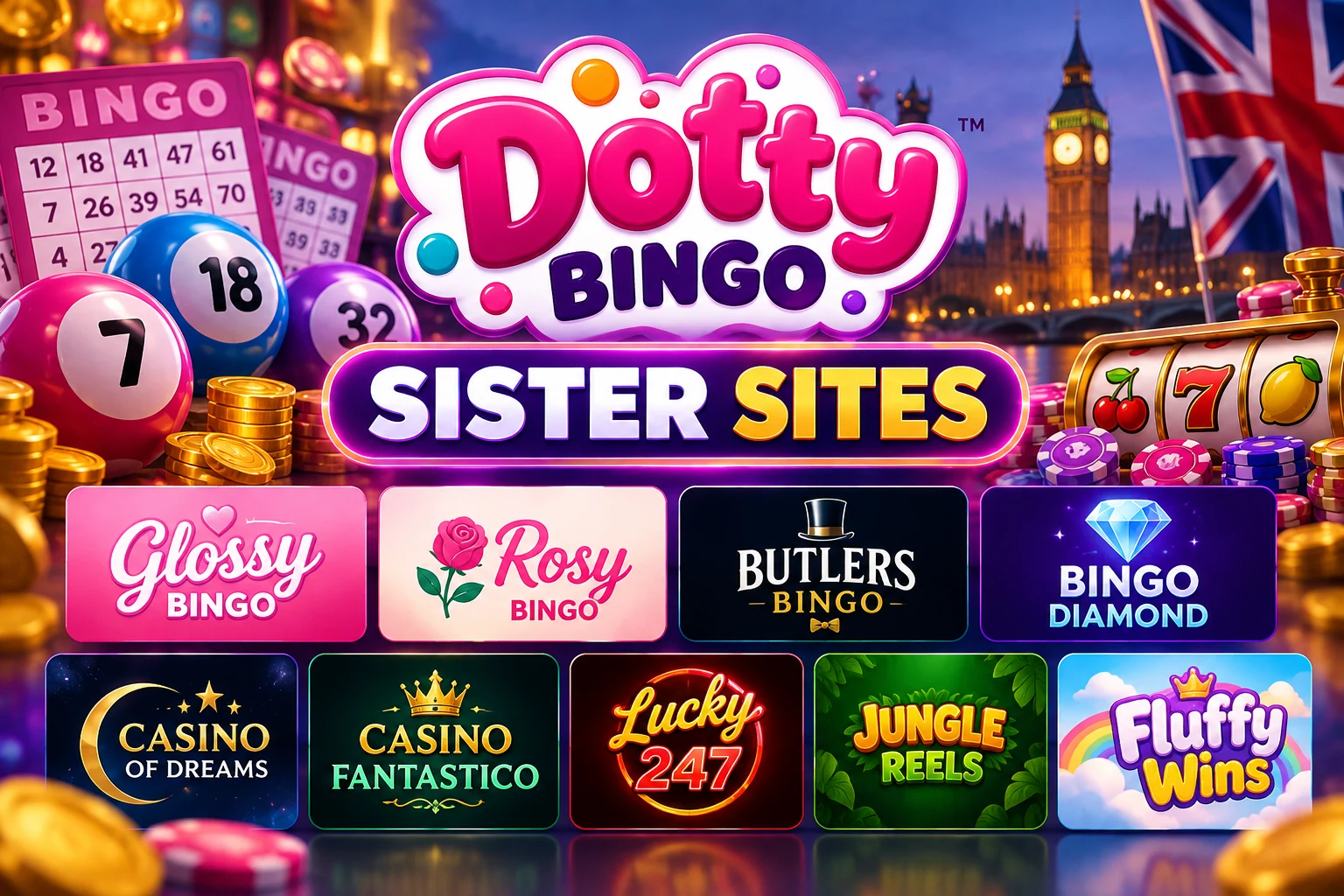 Dotty Bingo sister sites including Glossy Bingo, Rosy Bingo, Butlers Bingo, Bingo Diamond and other Broadway Gaming brands