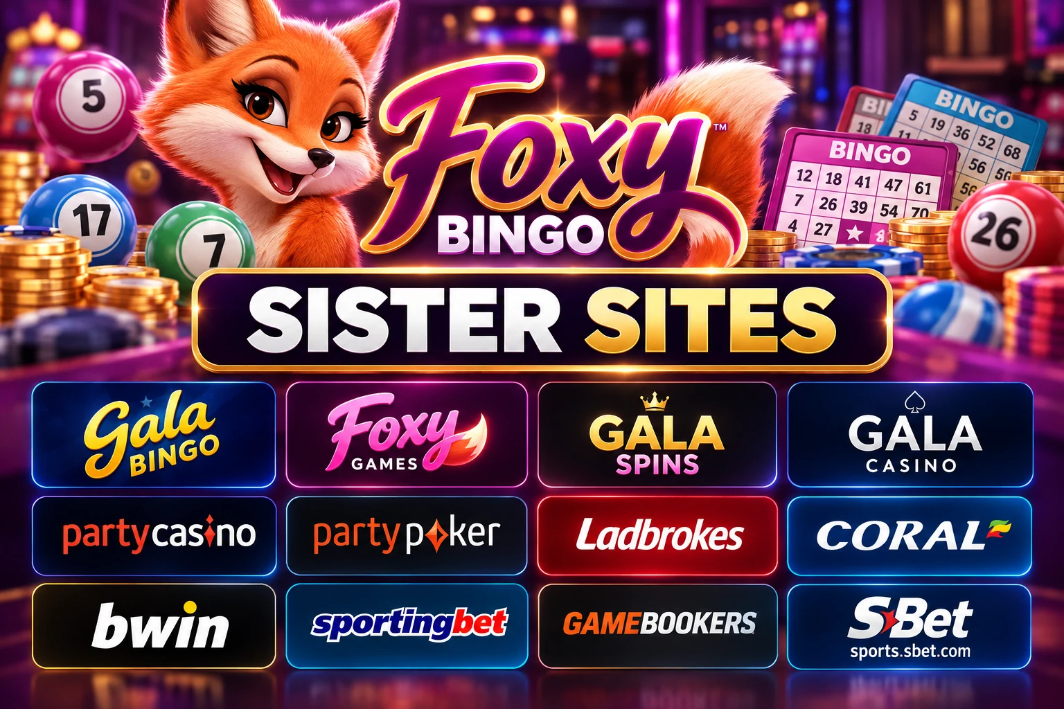 Foxy Bingo sister sites including Gala Bingo, Foxy Games, Gala Spins, Gala Casino, Party Casino, Ladbrokes and Coral