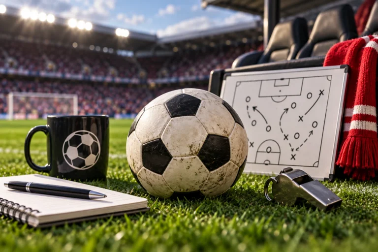 Funny football quotes featured image with football, tactics board and match-day setting