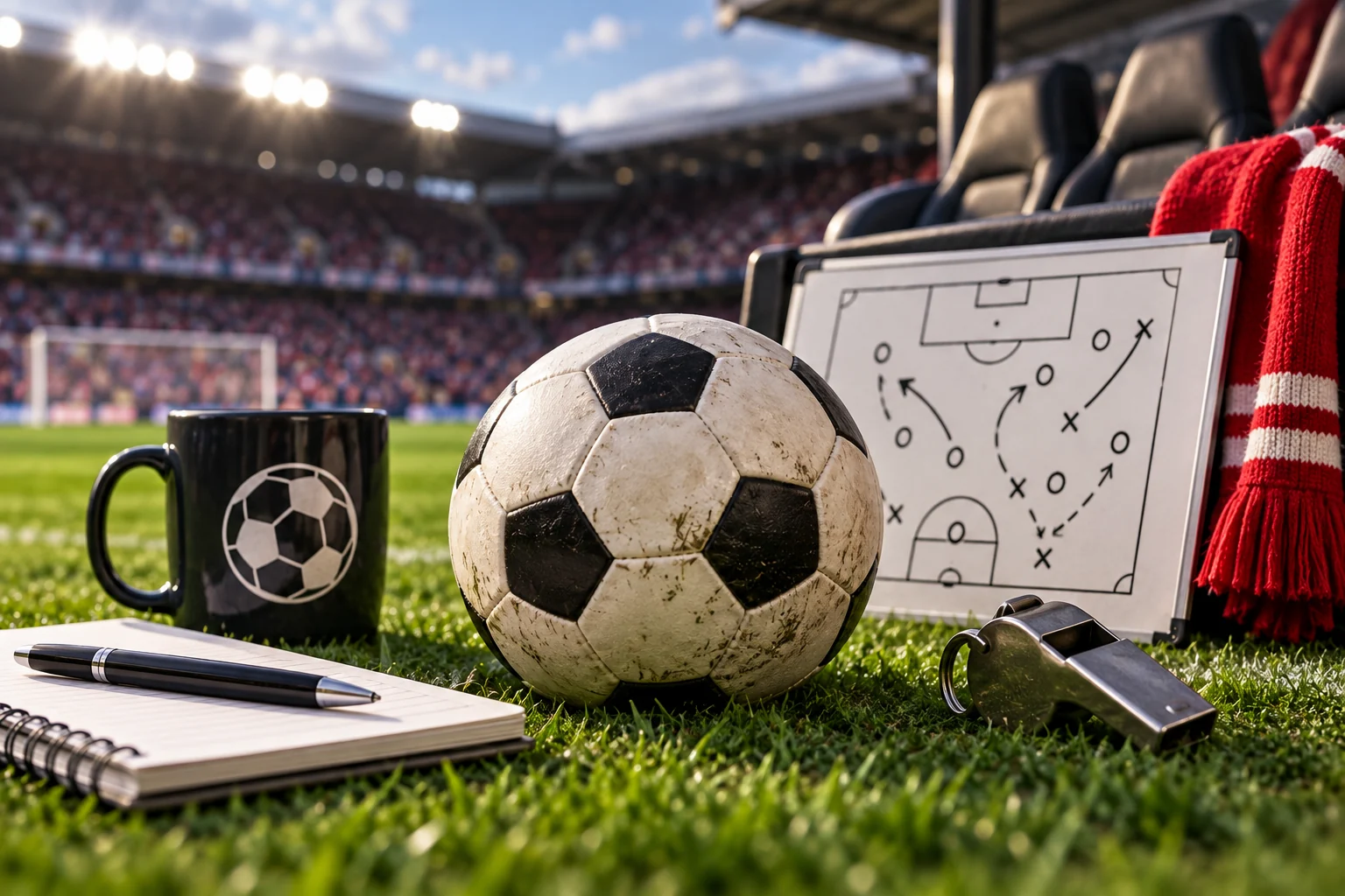 Funny football quotes featured image with football, tactics board and match-day setting